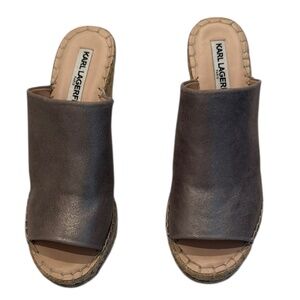 Karl Lagerfeld Metallic Silver Espadrille Wedge Slides | Size 8 | Designer Summe